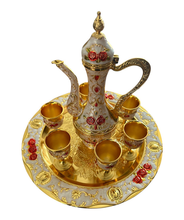 Set Oriental Tavă cu carafă și 6 pahare Roșu/Auriu