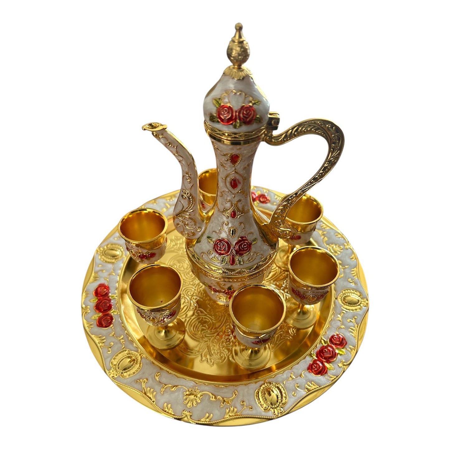 Set Oriental Tavă cu carafă și 6 pahare Roșu/Auriu