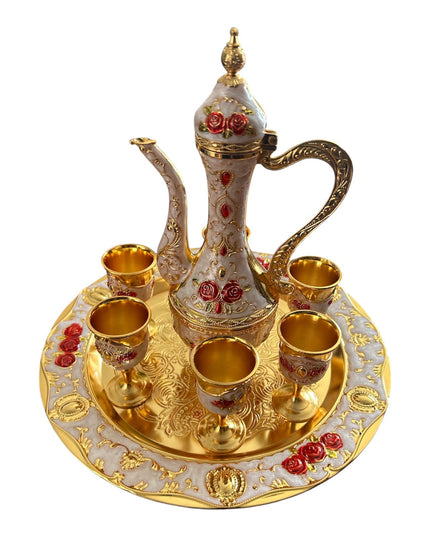 Set Oriental Tavă cu carafă și 6 pahare Roșu/Auriu