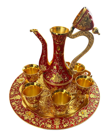 Set Oriental Tavă cu carafă și 6 cești Auriu/Roșu