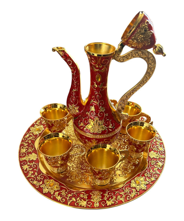 Set Oriental Tavă cu carafă și 6 cești Auriu/Roșu