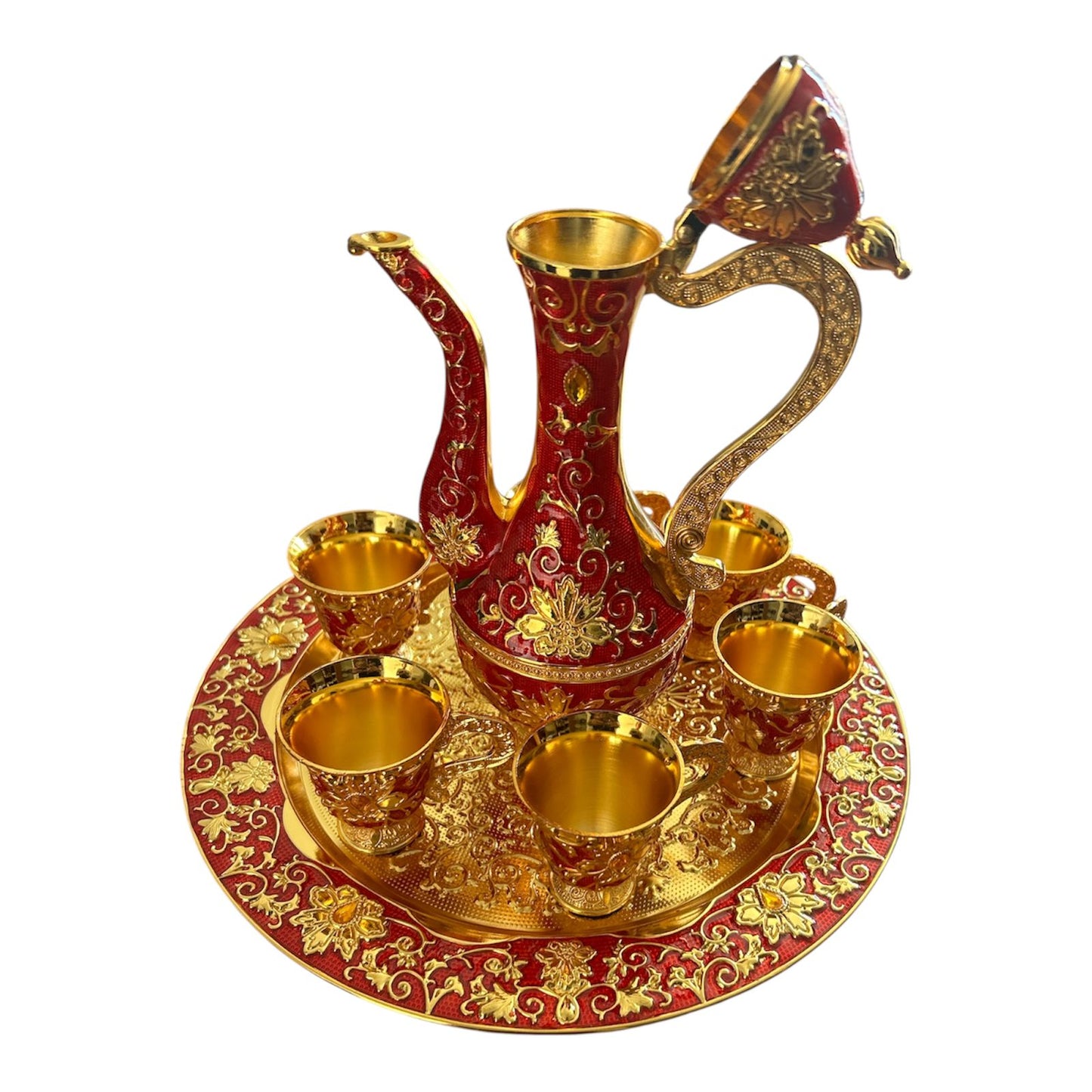 Set Oriental Tavă cu carafă și 6 cești Auriu/Roșu