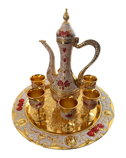Set Oriental Tavă cu carafă și 6 pahare Roșu/Auriu