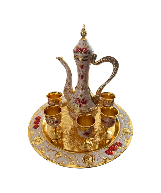 Set Oriental Tavă cu carafă și 6 pahare Roșu/Auriu