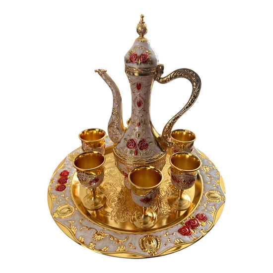 Set Oriental Tavă cu carafă și 6 pahare Roșu/Auriu
