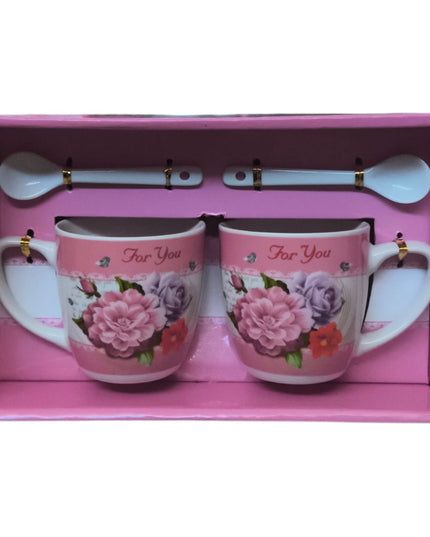 Set cadou 2 căni cu linguriță model floral AT1371