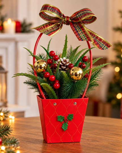 Aranjament Decorativ de Crăciun în suport Roșu cu Fundă– 35 × 12 cm