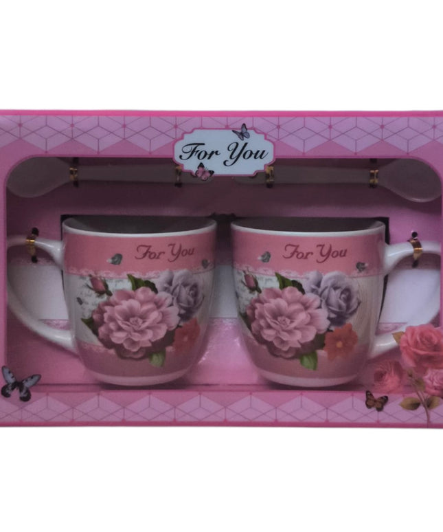 Set cadou 2 căni cu linguriță model floral AT1371