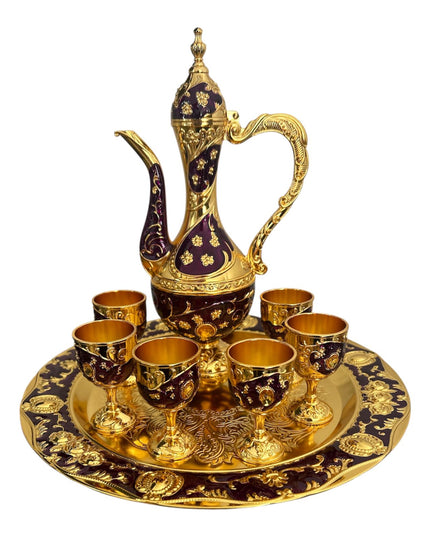 Set Oriental Tavă cu carafă și 6 pahare Mov/Auriu