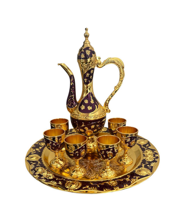 Set Oriental Tavă cu carafă și 6 pahare Mov/Auriu
