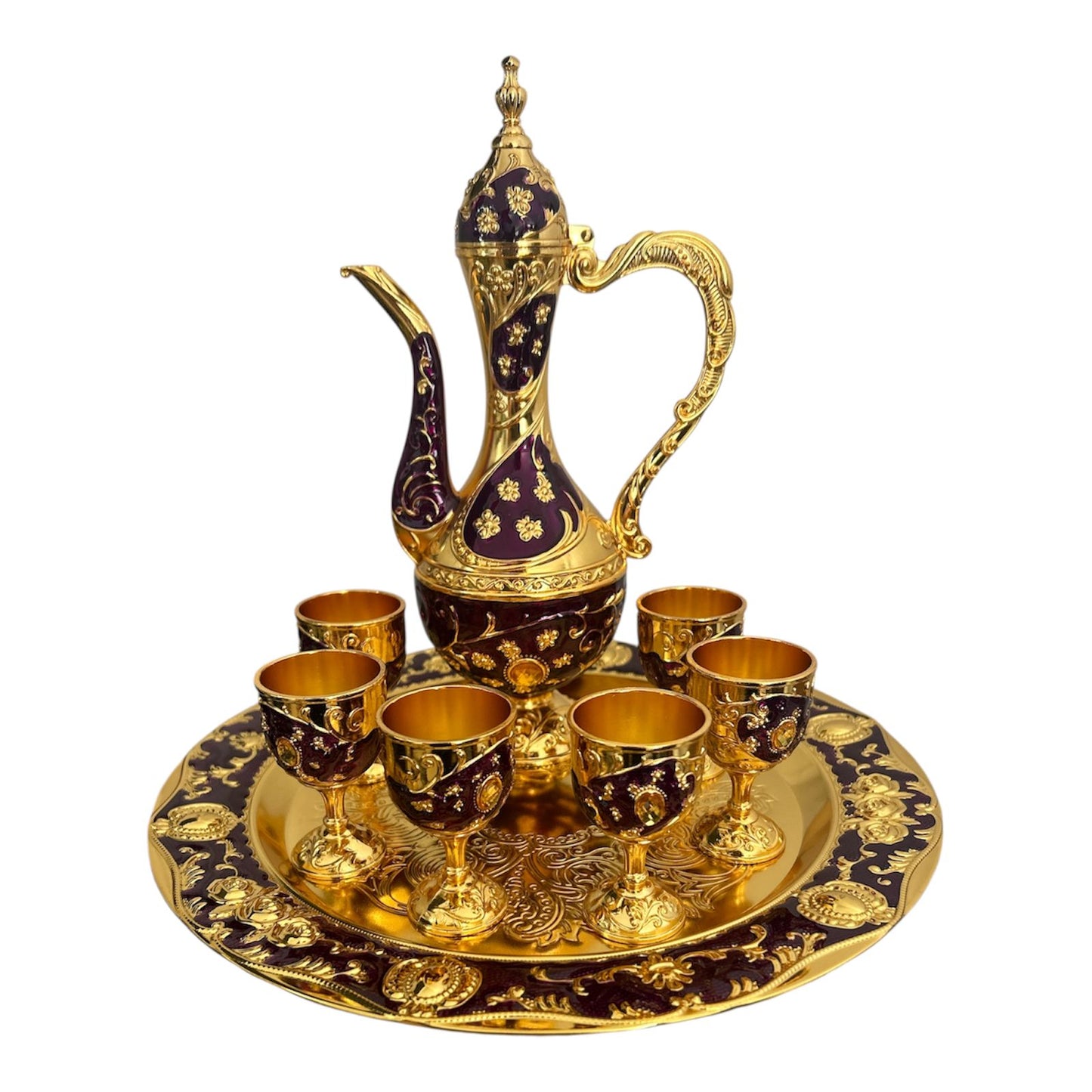 Set Oriental Tavă cu carafă și 6 pahare Mov/Auriu