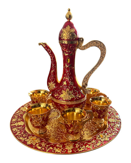 Set Oriental Tavă cu carafă și 6 cești Auriu/Roșu