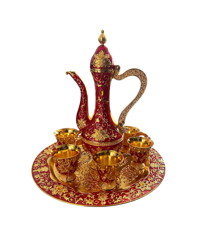 Set Oriental Tavă cu carafă și 6 cești Auriu/Roșu