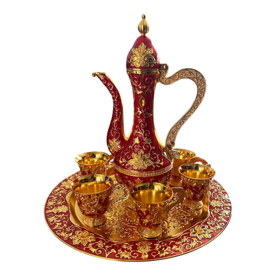 Set Oriental Tavă cu carafă și 6 cești Auriu/Roșu