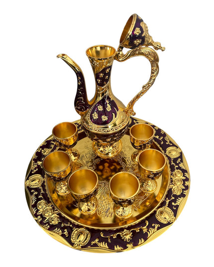 Set Oriental Tavă cu carafă și 6 pahare Mov/Auriu