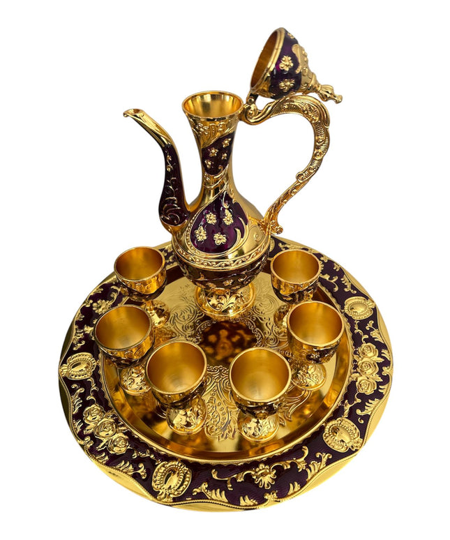 Set Oriental Tavă cu carafă și 6 pahare Mov/Auriu