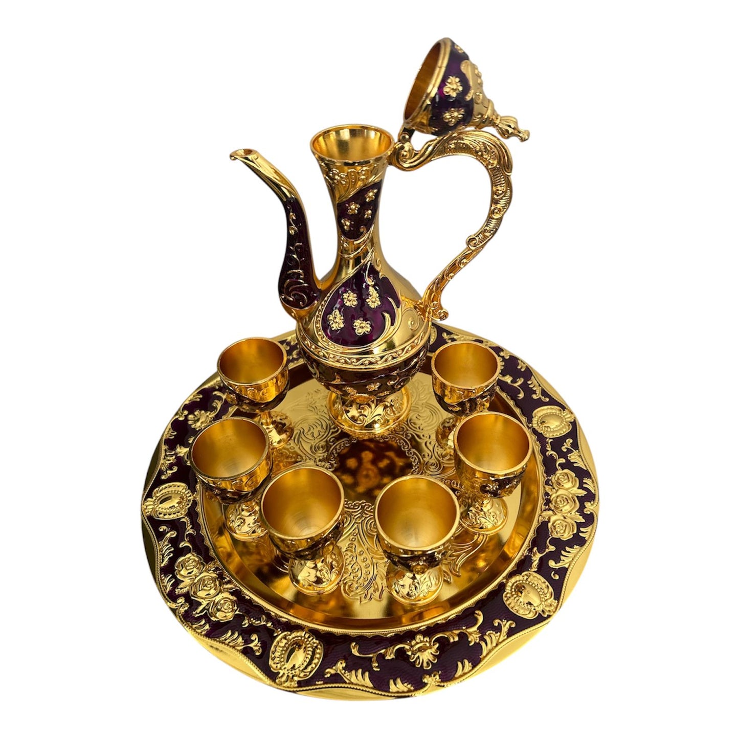 Set Oriental Tavă cu carafă și 6 pahare Mov/Auriu