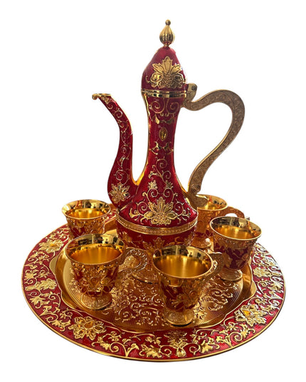 Set Oriental Tavă cu carafă și 6 cești Auriu/Roșu