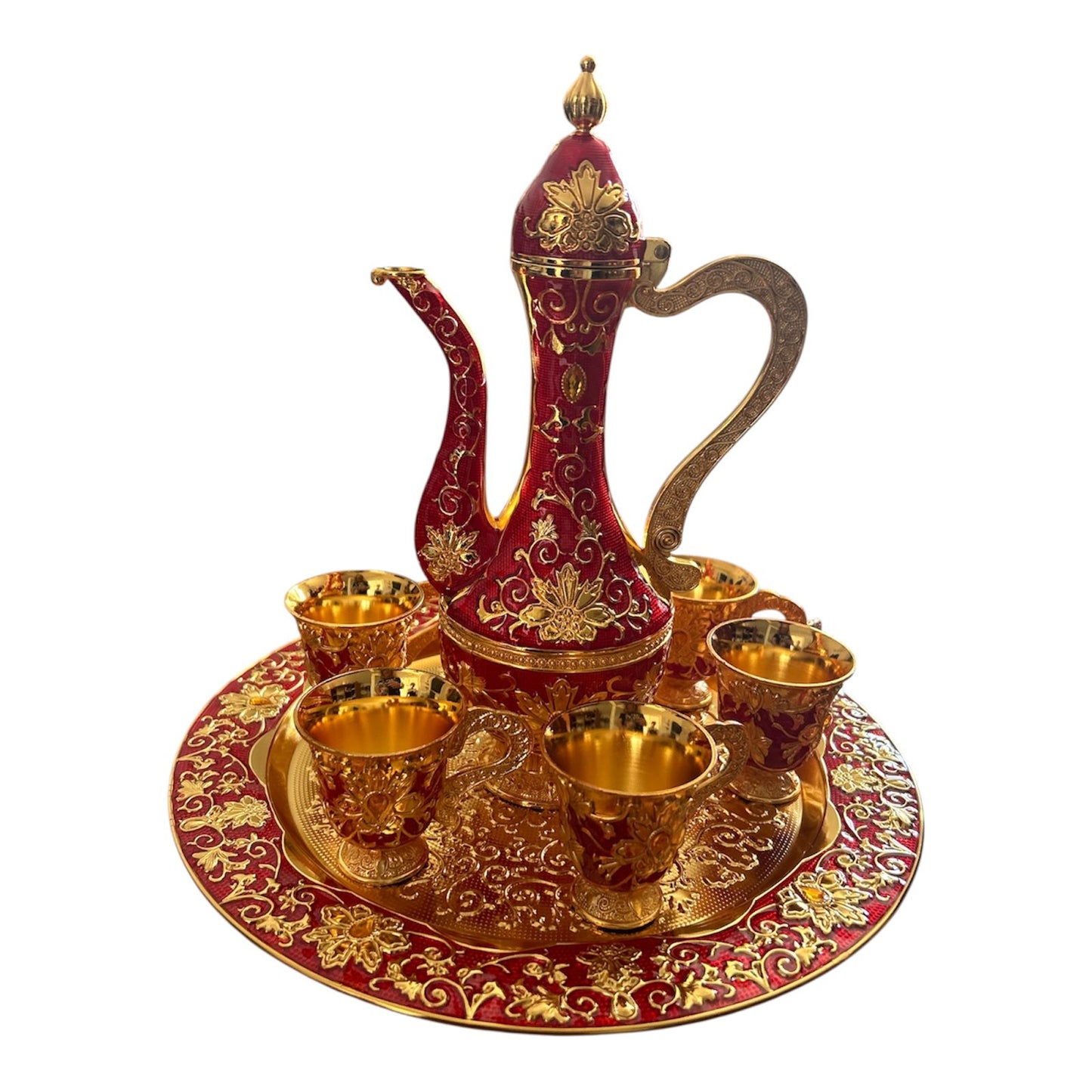 Set Oriental Tavă cu carafă și 6 cești Auriu/Roșu