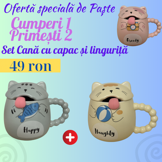 Set cană ceramică cu capac și linguriță Pisicuță 1 + 1 GRATIS