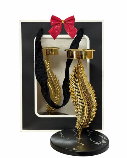 Set 2 sfeșnice metalice  – design frunză, ambalaj cadou elegant
