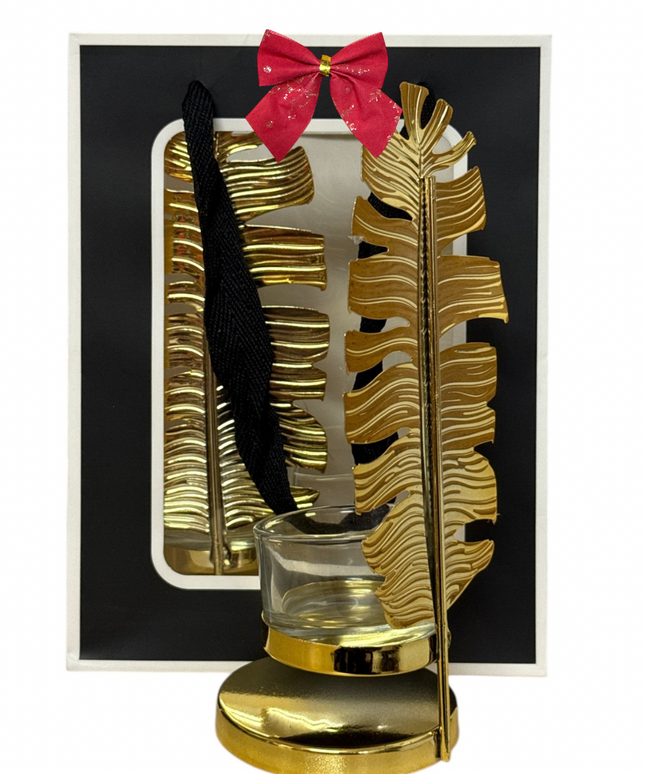Set 2 sfeșnice metalice  – design frunză, ambalaj cadou elegant