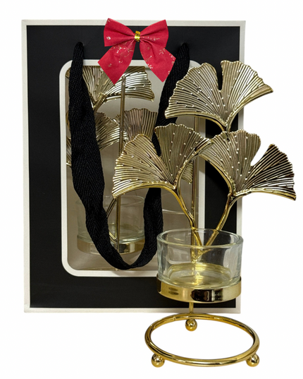 Set 2 sfeșnice metalice  – design frunză, ambalaj cadou elegant