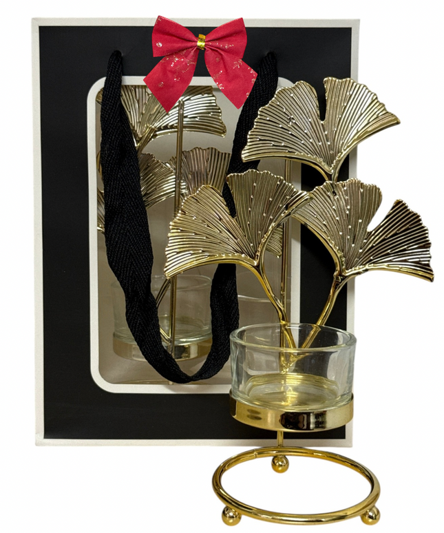 Set 2 sfeșnice metalice  – design frunză, ambalaj cadou elegant