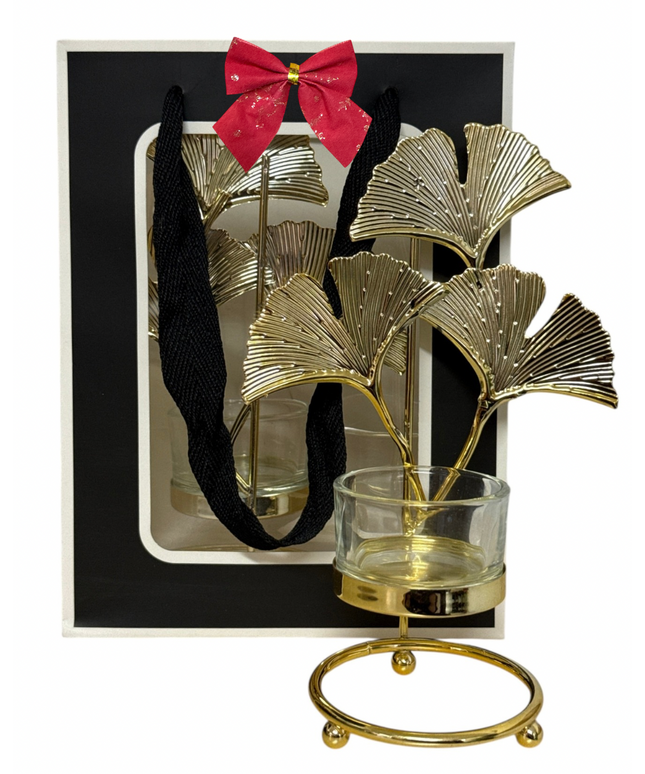 Set 2 sfeșnice metalice  – design frunză, ambalaj cadou elegant