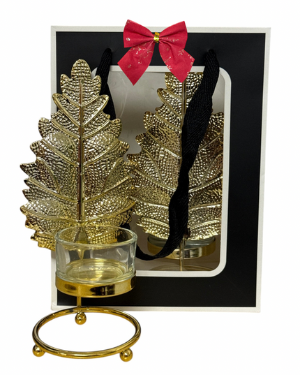 Set 2 sfeșnice metalice  – design frunză, ambalaj cadou elegant
