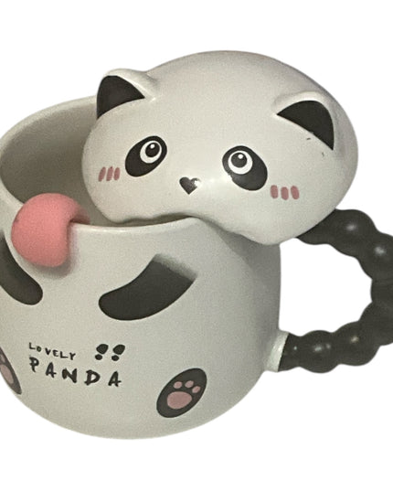 Set cană ceramică cu linguriță și capac Panda