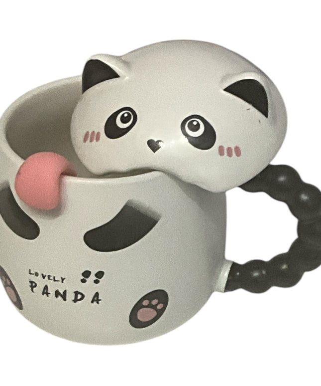 Set cană ceramică cu linguriță și capac Panda