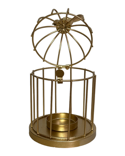 Suport lumânare metalic–design Colivie, ambalaj cadou elegant 16x9cm