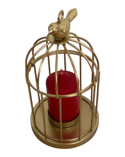 Suport lumânare metalic–design Colivie, ambalaj cadou elegant 16x9cm