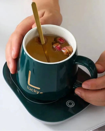 Set cadou cană Lucky Verde cu capac,linguriță și încălzitor