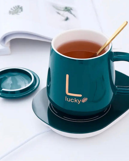 Set cadou cană Lucky Verde cu capac,linguriță și încălzitor