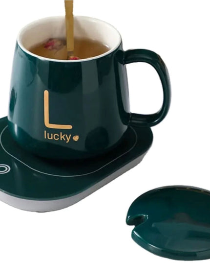 Set cadou cană Lucky Verde cu capac,linguriță și încălzitor