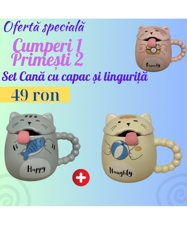 Set cană ceramică cu capac și linguriță Pisicuță 1 + 1 GRATIS