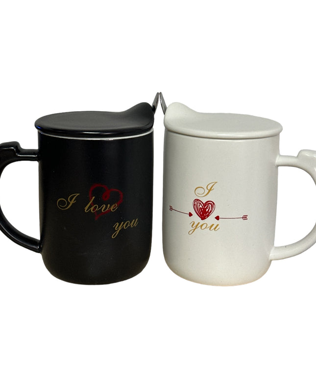Set cadou 2 căni cu capac și linguriță “I love you”