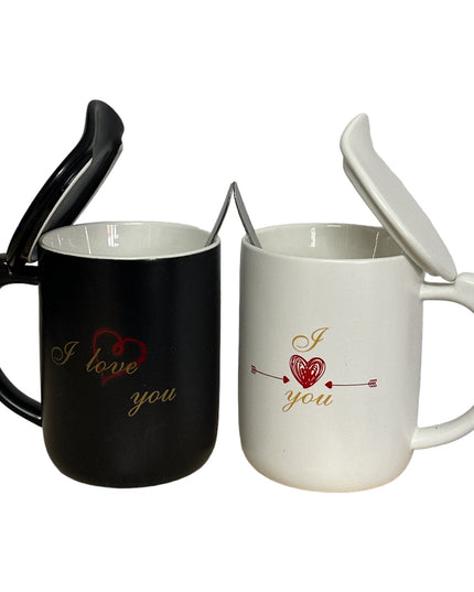Set cadou 2 căni cu capac și linguriță “I love you”
