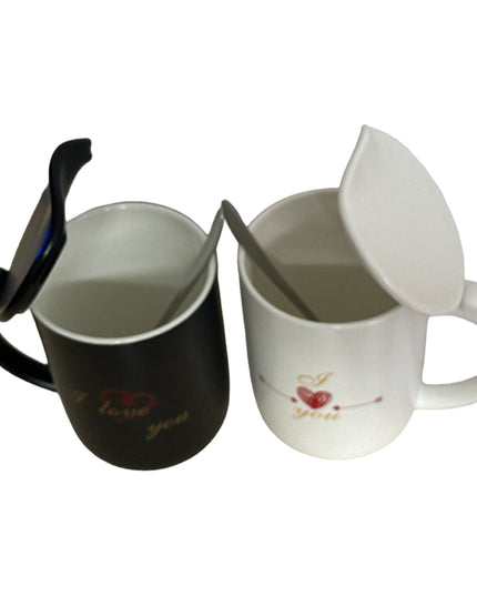 Set cadou 2 căni cu capac și linguriță “I love you”