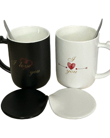 Set cadou 2 căni cu capac și linguriță “I love you”