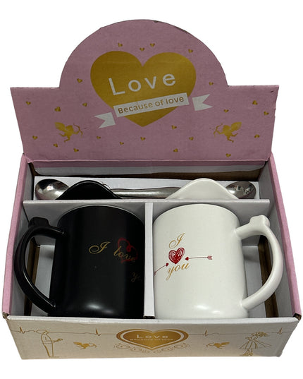 Set cadou 2 căni cu capac și linguriță “I love you”