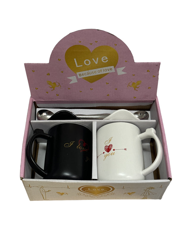 Set cadou 2 căni cu capac și linguriță “I love you”