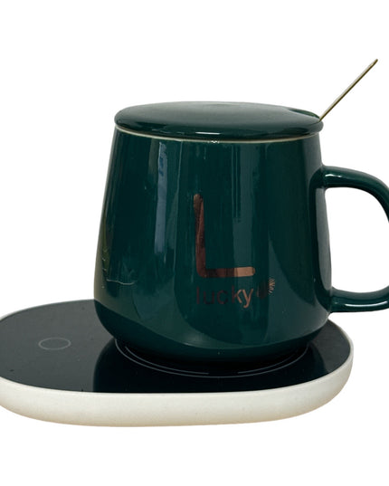 Set cadou cană Lucky Verde cu capac,linguriță și încălzitor