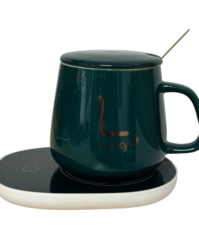 Set cadou cană Lucky Verde cu capac,linguriță și încălzitor