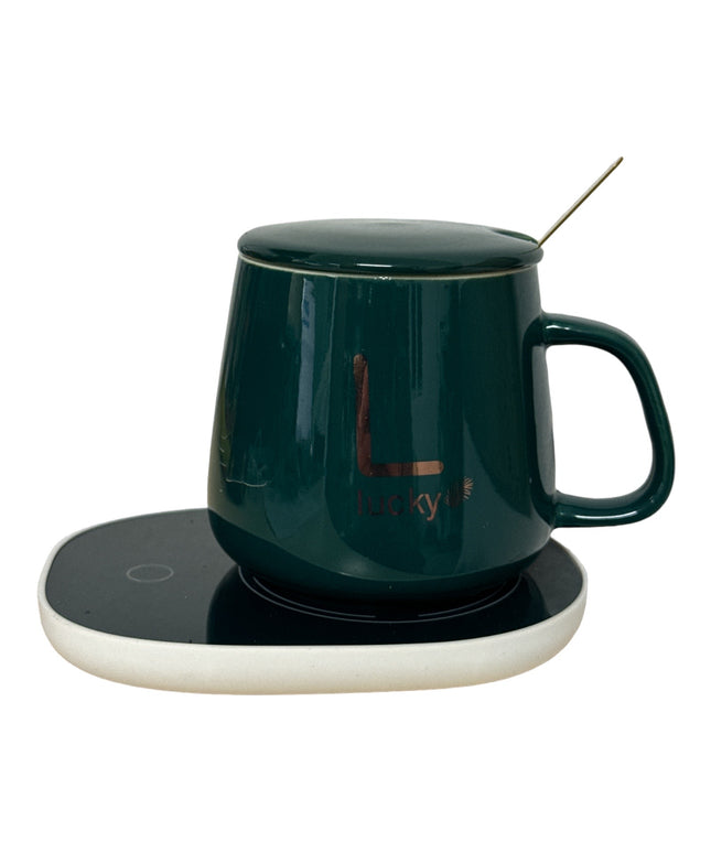 Set cadou cană Lucky Verde cu capac,linguriță și încălzitor