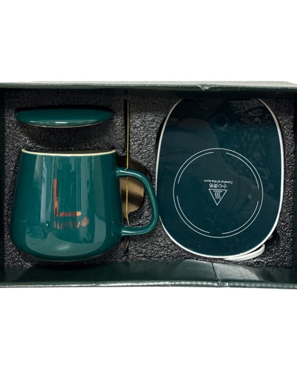 Set cadou cană Lucky Verde cu capac,linguriță și încălzitor