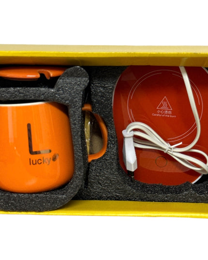Set cadou cană Lucky Portocalie cu capac,linguriță și încălzitor
