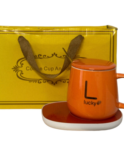 Set cadou cană Lucky Portocalie cu capac,linguriță și încălzitor